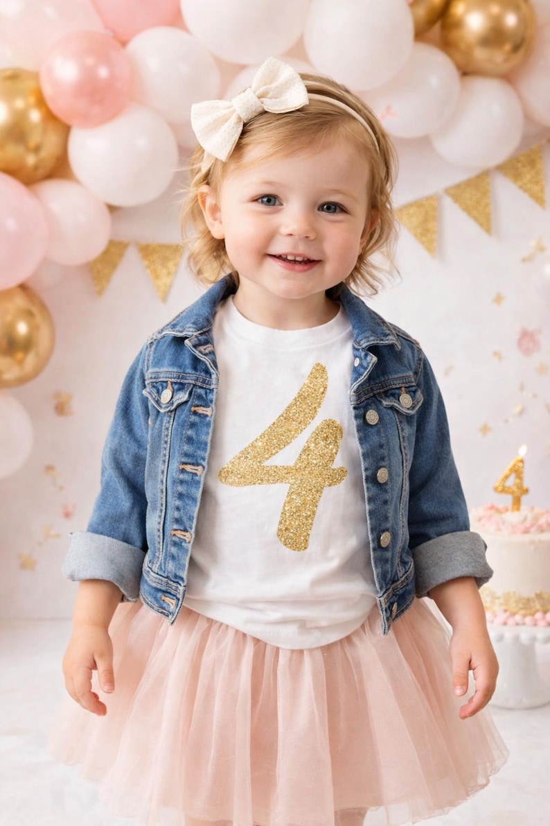 4th Birthday Shirt: Gold Glitter Four, Toddler Birthday Tee bild 2