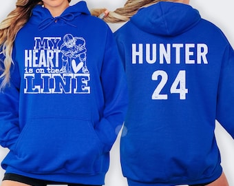 Personalized Football Mom Hoodie, My Heart Is on the Line Sweatshirt, Custom Player Name and Number, Lineman Mom Gift