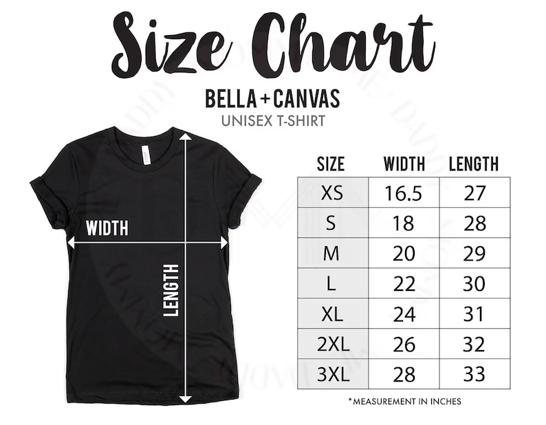May include: Black Bella+Canvas unisex t-shirt with a size chart. The chart lists sizes XS to 3XL, with corresponding width and length measurements in inches. The text "Size Chart" is at the top.