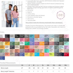 Op de afbeelding: De afbeelding toont een Bella+Canvas CVC Jersey Tee. Een kleurenpalet met opties zoals Heather Prism is inbegrepen. De tee is voorgekrompen en heeft een retail pasvorm. Afgewerkte maten zijn ook afgebeeld.