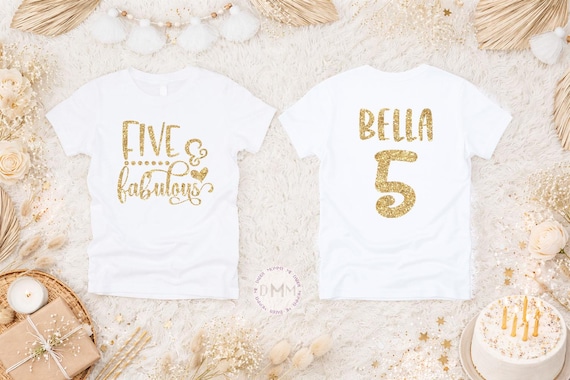 Personalized 5th Birthday Girl Shirt, Gold Glitter Birthday Tee