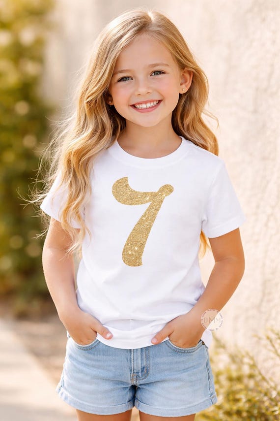 Gold Glitter 7 Birthday Shirt, Seventh Birthday Outfit, Kids Party Tee