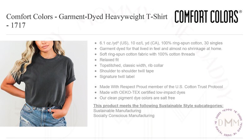 Puede incluir: Una camiseta gris oscuro de manga corta con cuello acanalado y cinta de sarga de hombro a hombro. El texto dice Comfort Colors - Garment-Dyed Heavyweight T-Shirt - 1717, 100% algod&oacute;n hilado en anillo, ajuste relajado y tintes OEKO-TEX.