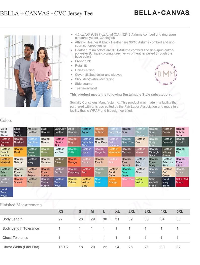 K&ouml;nnte beinhalten: Bella + Canvas CVC Jersey Tee in verschiedenen Farben. Das Bild zeigt einen Mann und eine Frau, die die T-Shirts tragen. Die verf&uuml;gbaren Farben umfassen Uni-, Heather- und Prismen-Optionen. Die K&ouml;rperl&auml;nge variiert von 68,58 bis 88,9 cm.