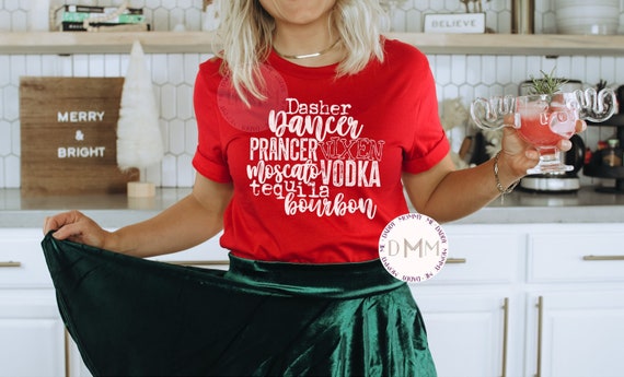 Funny Christmas Alcohol Shirt: Reindeer Names, Moscato, Vodka