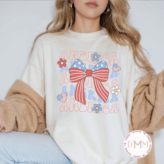 Comfort Colors Shirt America Bow Shirt 4th of July Shirt America Retro Tee Fourth of July 4th Graphic Tee Independence Day Trendy Tee USA