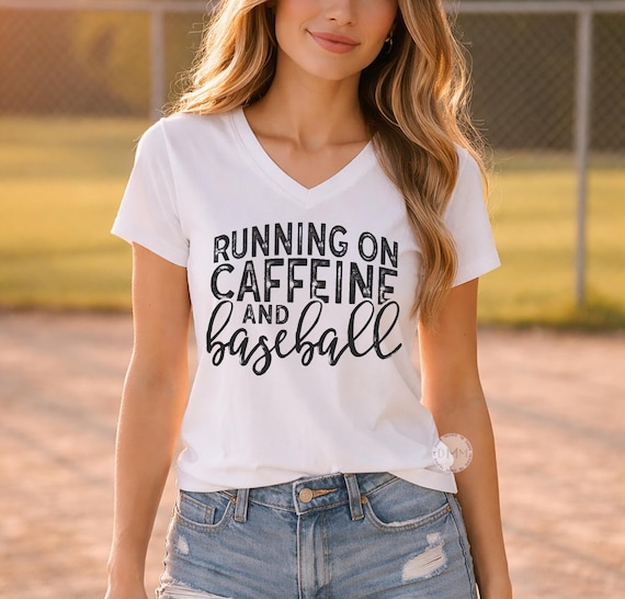Running On Caffeine and Baseball V-Neck Shirt, Trendy Baseball Mom Tee