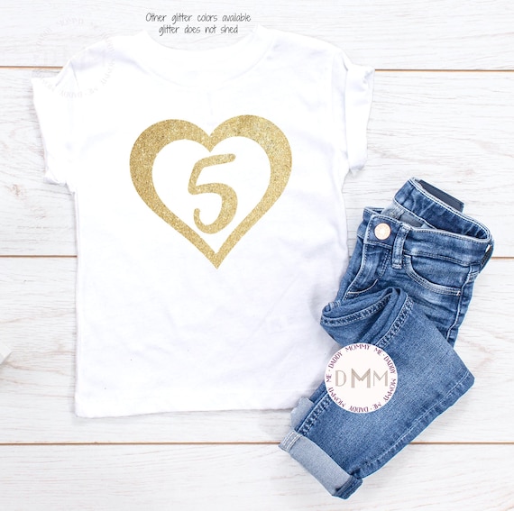 5th Birthday Shirt, 5 Heart Birthday Glitter Shirt, Five Year Old Birthday Shirt, 5th Glitter Birthday Shirt, Birthday Shirt Toddler Girl