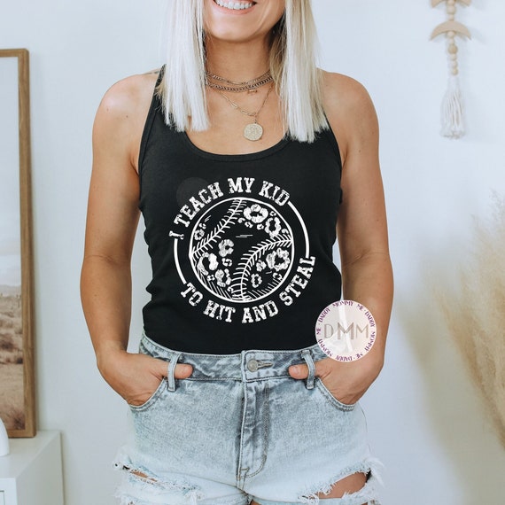 I Teach My Kid To Hit And Steal Tank Top, Funny Mom Tank Top, Funny Baseball Tank, Funny Softball Tank, Baseball Mom Racerback Tank Top
