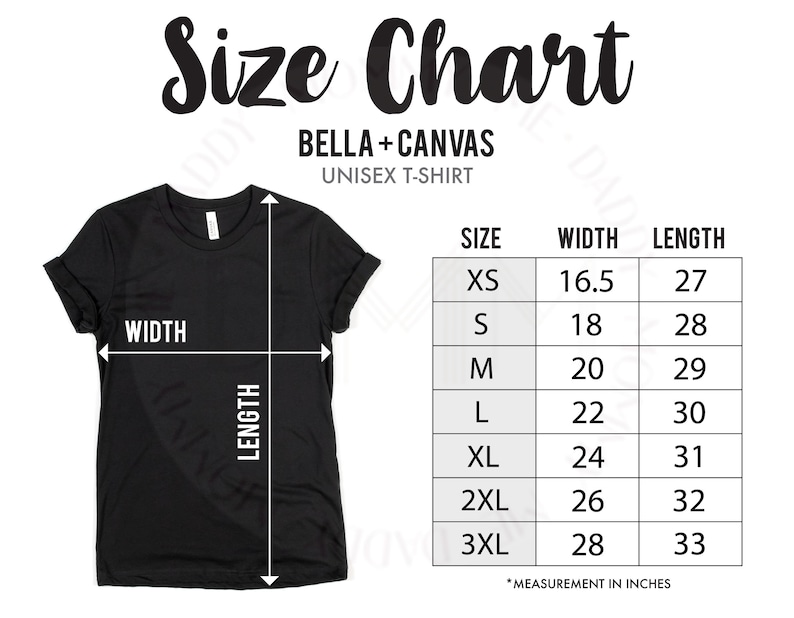 K&ouml;nnte beinhalten: Ein schwarzes Bella+Canvas Unisex-T-Shirt mit einer Gr&ouml;&szlig;entabelle. Die Tabelle listet die Gr&ouml;&szlig;en XS bis 3XL mit den entsprechenden Breiten- und L&auml;ngenma&szlig;en in Zoll auf. Der Text "Size Chart" steht oben.