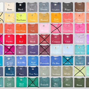 May include: A color chart displaying numerous folded t-shirts in a grid layout, each labeled with its specific color name such as White, Black, Mustard, Neon Pink, and Sage. Several squares are marked with a black X to indicate unavailability.