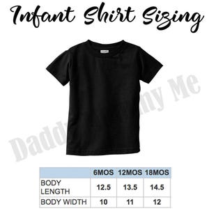 May include: A chart showing infant shirt sizing in inches for 6, 12, and 18 months. The chart shows body length and body width measurements.
