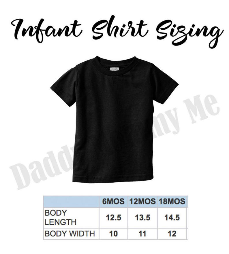 May include: A chart showing infant shirt sizing in inches for 6, 12, and 18 months. The chart shows body length and body width measurements.