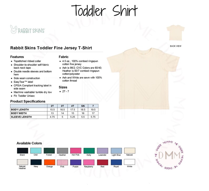 May include: A cream-colored Rabbit Skins toddler fine jersey t-shirt. The shirt features a topstitched ribbed collar, double-needle sleeves, and a bottom hem. Available in various colors, the shirt is machine washable and tumble dry low. Sizes range from 2T to 7.