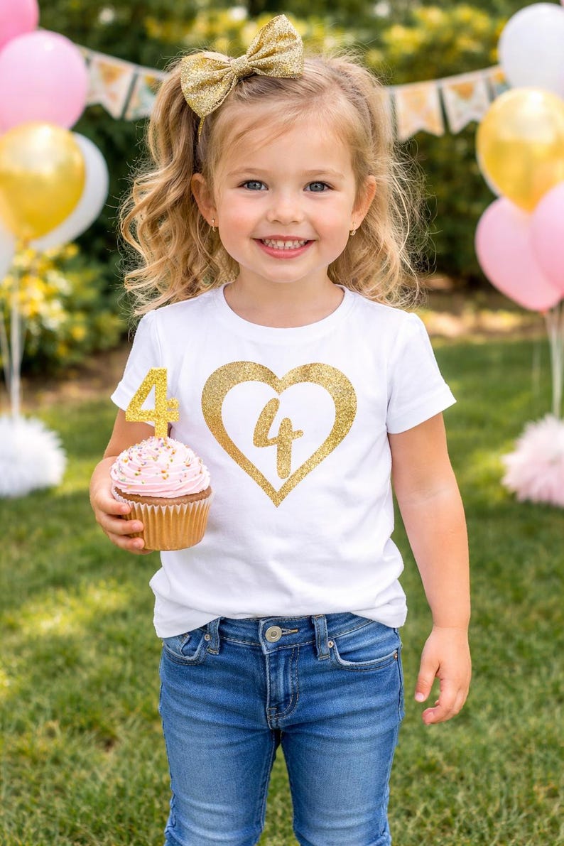 4th Birthday Girl Shirt: Glitter Heart, Four Year Old Tee image 2