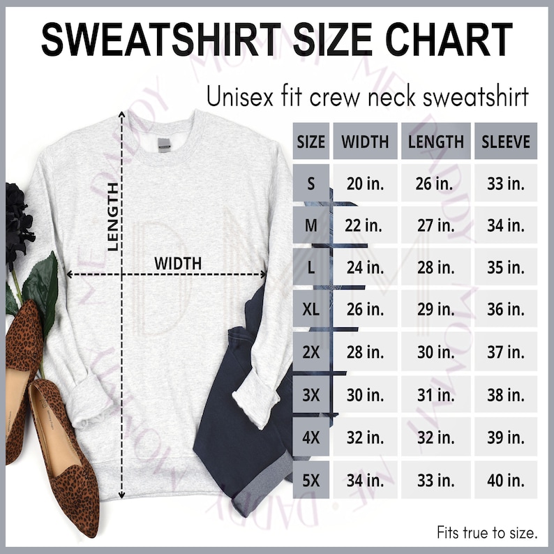 May include: A size chart for a unisex crew neck sweatshirt. The chart shows the width, length, and sleeve length in inches for sizes S through 5X.