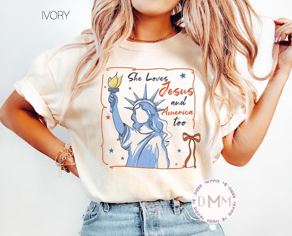 Comfort Colors She Loves Jesus And America Too Shirt, 4th Of July Shirt, Coquette July 4th Shirt, Statue Of Liberty Shirt, Independence Day