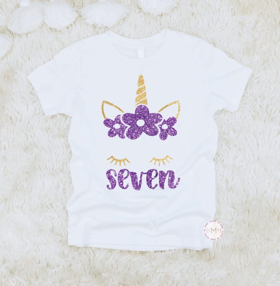 7th Birthday Girl Shirt - Gold and Lavender Glitter Unicorn Seventh Birthday Outfit