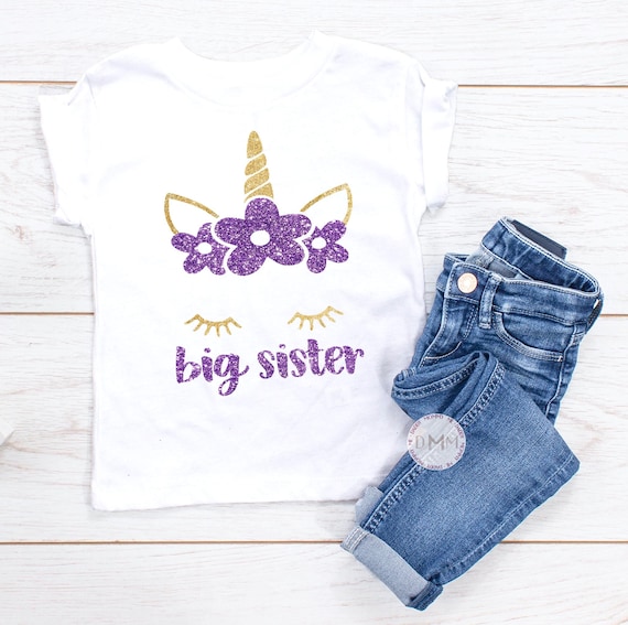 Big Sister Unicorn Shirt – Glitter Unicorn Big Sister Tee, Pregnancy Announcement Shirt, Girls Big Sister Gift, Sibling Reveal Outfit
