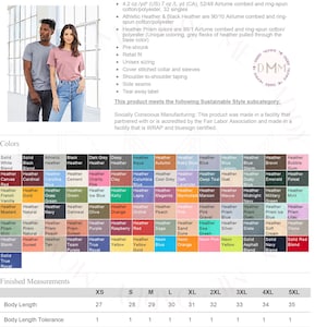 May include: A Bella+Canvas CVC Jersey Tee in various colors, including solid and heather options. The image shows a man and woman wearing the shirts. The shirts are pre-shrunk, retail fit, and unisex sizing. Measurements are provided.