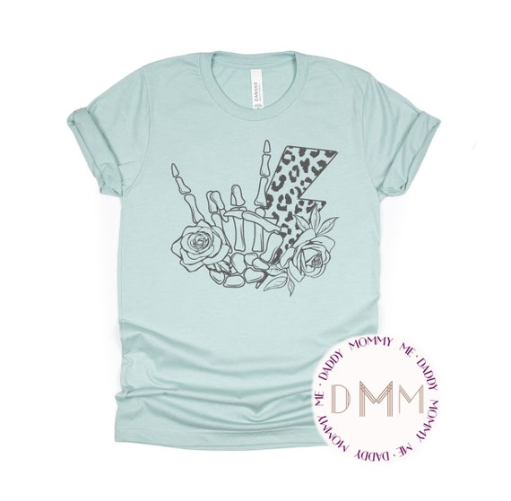 Skeleton Rocker Shirt - Rock On Skeleton Hand Shirt - Metallic Gunmetal Graphic Tee - Halloween Shirts - Unisex Shirt - Skeleton Leopard