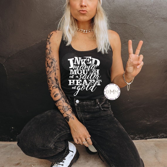 Inked Mama Mouth Of A Sailor Heart Of Gold Ladies Racerback Tank Top, Funny Mom Tank Tops, Tattoo Mom, Tattoo Mama, Funny Tank Top For Mom