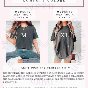 May include: A size guide for Comfort Colors t-shirts featuring two images of a charcoal gray t-shirt. The left image shows a size M for a relaxed fit, and the right image shows a size XL for an oversized style. Text includes Size Guide, Comfort Colors, M, XL, and fit recommendations.