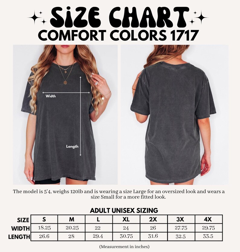 K&ouml;nnte beinhalten: Ein anthrazitfarbenes Comfort Colors 1717 T-Shirt in Vorder- und R&uuml;ckansicht. Das Bild enth&auml;lt eine Gr&ouml;&szlig;entabelle mit Breiten- und L&auml;ngenma&szlig;en in Zoll f&uuml;r die Gr&ouml;&szlig;en S bis 4X sowie Textangaben zur K&ouml;rpergr&ouml;&szlig;e und zum Gewicht des Modells.