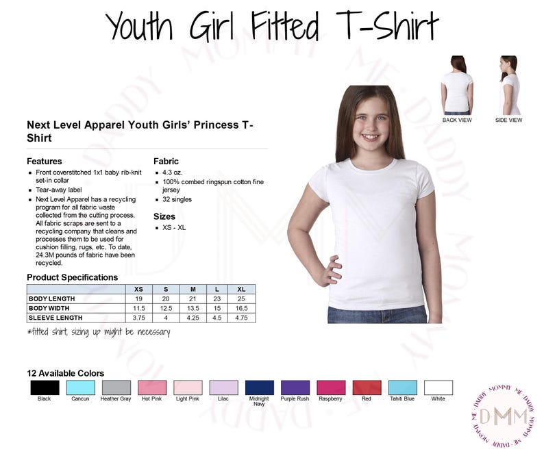 May include: Youth girl fitted t-shirt in white, with a size chart and color options. The shirt is made of 4.3 oz. 100% combed ringspun cotton fine jersey. The shirt is available in sizes XS-XL.