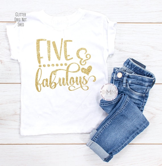 5th Birthday Girl Shirt, Gold Glitter Birthday Tee
