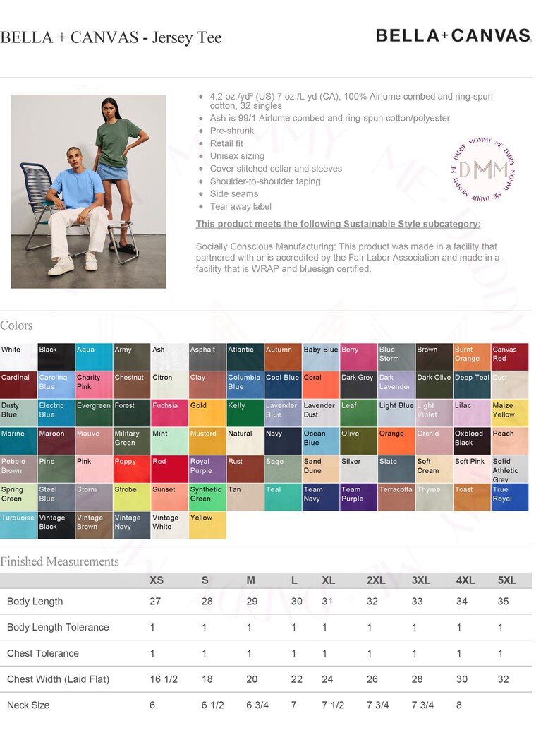 K&ouml;nnte beinhalten: Eine Produktkatalogseite f&uuml;r Bella+Canvas Jersey-Tees. Die Seite enth&auml;lt eine Farbtabelle mit verschiedenen Optionen, darunter Schwarz, Wei&szlig; und Marine. Fertige Ma&szlig;e sind f&uuml;r die Gr&ouml;&szlig;en XS bis 5XL angegeben, mit einer K&ouml;rperl&auml;nge von 68,5 bis 89 cm.