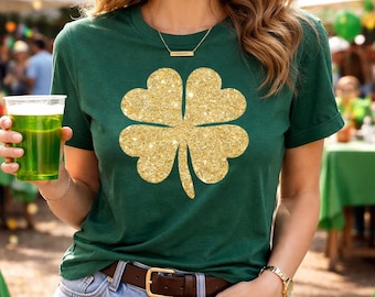 St. Patrick’s Day Tee, Gold Glitter Four Leaf Clover Shirt