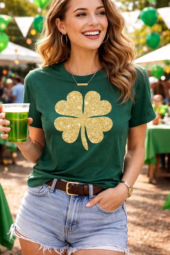 St. Patrick’s Day Tee, Gold Glitter Four Leaf Clover Shirt