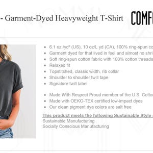 May include: A dark grey short-sleeved t-shirt with a rib collar and shoulder-to-shoulder twill tape. The text reads Comfort Colors - Garment-Dyed Heavyweight T-Shirt - 1717, 6.1 oz./yd2, 100% ring-spun cotton, relaxed fit, and OEKO-TEX certified dyes.