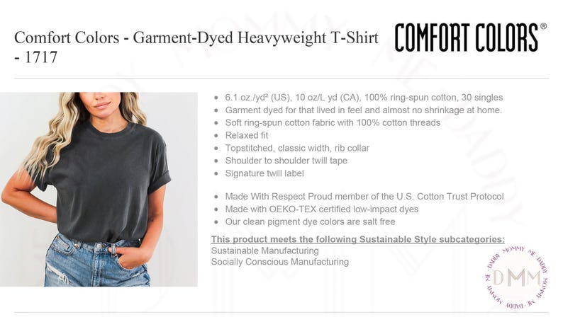 May include: A dark grey short-sleeved t-shirt with a rib collar and shoulder-to-shoulder twill tape. The text reads Comfort Colors - Garment-Dyed Heavyweight T-Shirt - 1717, 6.1 oz./yd2, 100% ring-spun cotton, relaxed fit, and OEKO-TEX certified dyes.