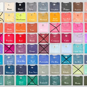 May include: A color chart displaying numerous folded t-shirts in a grid layout, each labeled with its specific color name such as White, Black, Mustard, Neon Pink, and Sage. Several squares are marked with a black X to indicate unavailability.