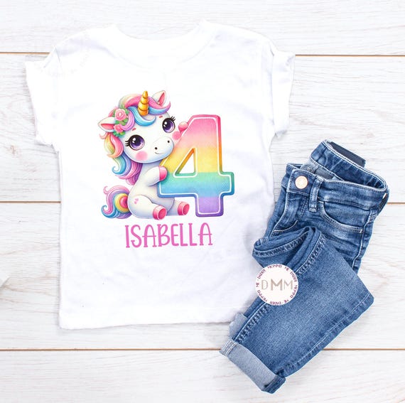 Personalized 4th Birthday Unicorn Shirt for Girls | Custom Name Rainbow Unicorn Tee | Age 4 Birthday Outfit | Girls Unicorn Party Shirt