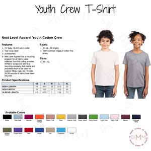 May include: A product image showcasing a Next Level Apparel Youth Crew T-Shirt. The image includes product specifications, available colors, and two children wearing the shirts. The shirt is made of 100% combed ringspun cotton fine jersey. Available in sizes XS-XL.