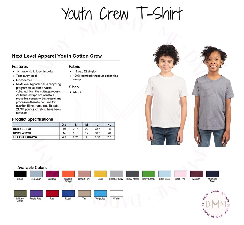 May include: A product image showcasing a Next Level Apparel Youth Crew T-Shirt. The image includes product specifications, available colors, and two children wearing the shirts. The shirt is made of 100% combed ringspun cotton fine jersey. Available in sizes XS-XL.