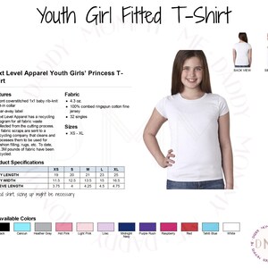 May include: White youth girl fitted t-shirt. The shirt is made of 4.3 oz. 100% combed ringspun cotton fine jersey. Available in sizes XS-XL. Features include a front coverstitched 1x1 baby rib-knit set-in collar and a tear-away label. Twelve colors are available.