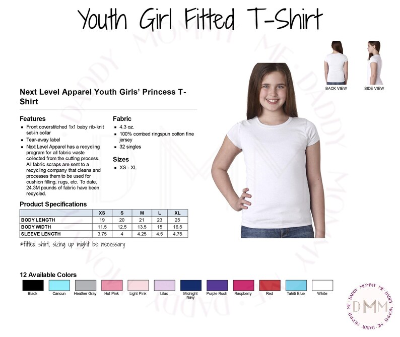 May include: White youth girl fitted t-shirt. The shirt is made of 4.3 oz. 100% combed ringspun cotton fine jersey. Available in sizes XS-XL. Features include a front coverstitched 1x1 baby rib-knit set-in collar and a tear-away label. Twelve colors are available.