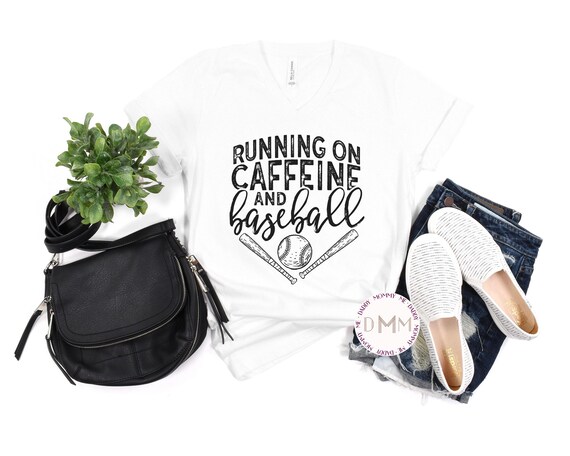 Running On Caffeine And Baseball V Neck Shirt, Baseball Mom Shirt Trendy Baseball Mom Shirt Baseball Mom Gift Baseball Game Day V Neck Shirt