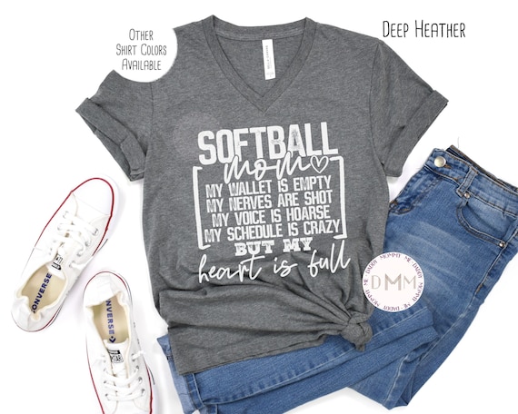 Softball Mom Heart Is Full V Neck Shirt, Softball Mom TShirt, Unisex Graphic Tee Mom, Softball Mama Shirt, Softball Season, Sports Mom Shirt