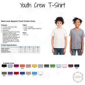 May include: A product image showcasing a Next Level Apparel Youth Crew T-Shirt. The image includes product specifications, available colors, and two children wearing the t-shirts. The shirt is available in sizes XS-XL and a variety of colors.