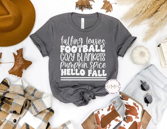 Falling Leaves Football Cozy Blankets Pumpkin Spice Hello Fall Shirt Cute Fall Shirt Mom Shirt Trendy Fall Shirt Fall Words Graphic Tees