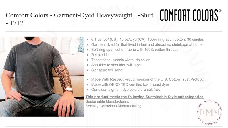 May include: A charcoal grey short-sleeve t-shirt with a crew neckline. The garment-dyed shirt features a relaxed fit, topstitched rib collar, and shoulder-to-shoulder twill tape. The text Comfort Colors 1717 is displayed alongside product specifications.
