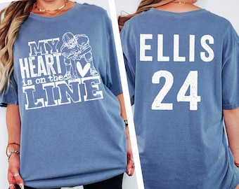 Personalized Football Mom Shirt, My Heart Is on the Line Comfort Colors Tee, Custom Player Name Number, Football Mom Gift