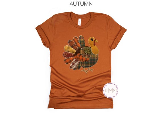 Patchwork Turkey Shirt - Faux Embroidery Turkey Thanksgiving Graphic Tee, Multiple Shirt Color Options, Turkey Day Tee Trendy Thanksgiving