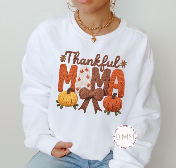 Thankful Mama Faux Latch Hook Yarn Sweatshirt, Faux Embroidery Thanksgiving Pumpkin Sweater, Trendy Holiday Faux Crochet Sweatshirt