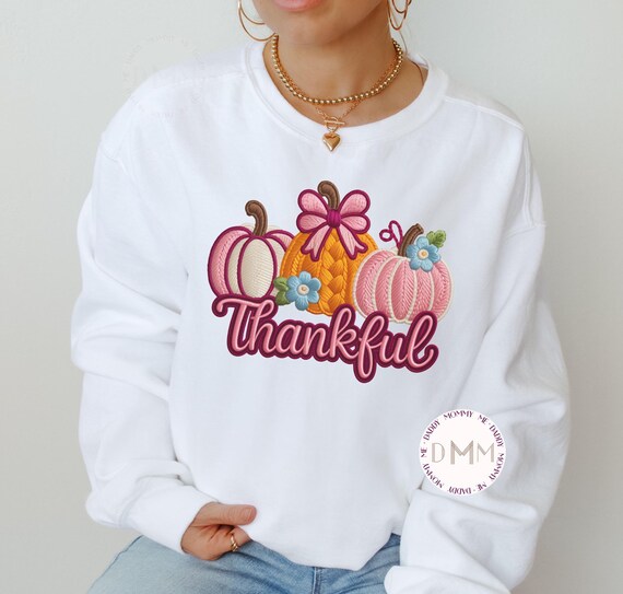 Thankful Faux Latch Hook Yarn Sweatshirt, Faux Embroidery Thanksgiving Pumpkin Sweater, Trendy Holiday Faux Crochet Sweatshirt